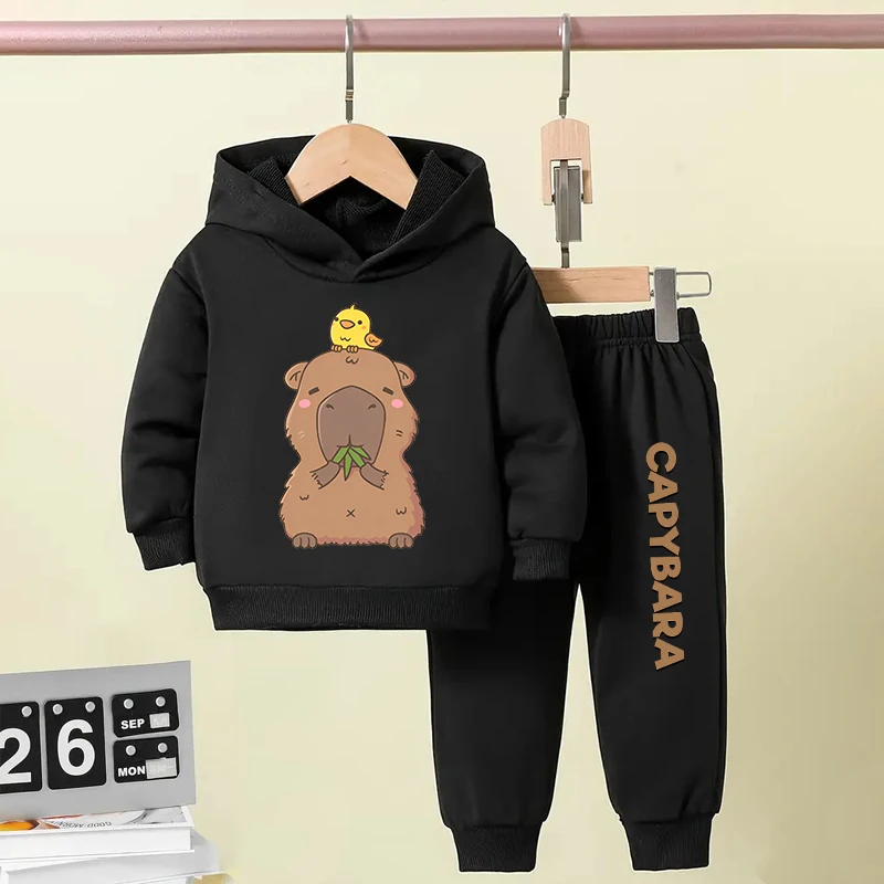 Cute Capybara kids sports hoodie set plus fleece sweatshirt pants 2-piece set for boys and girls