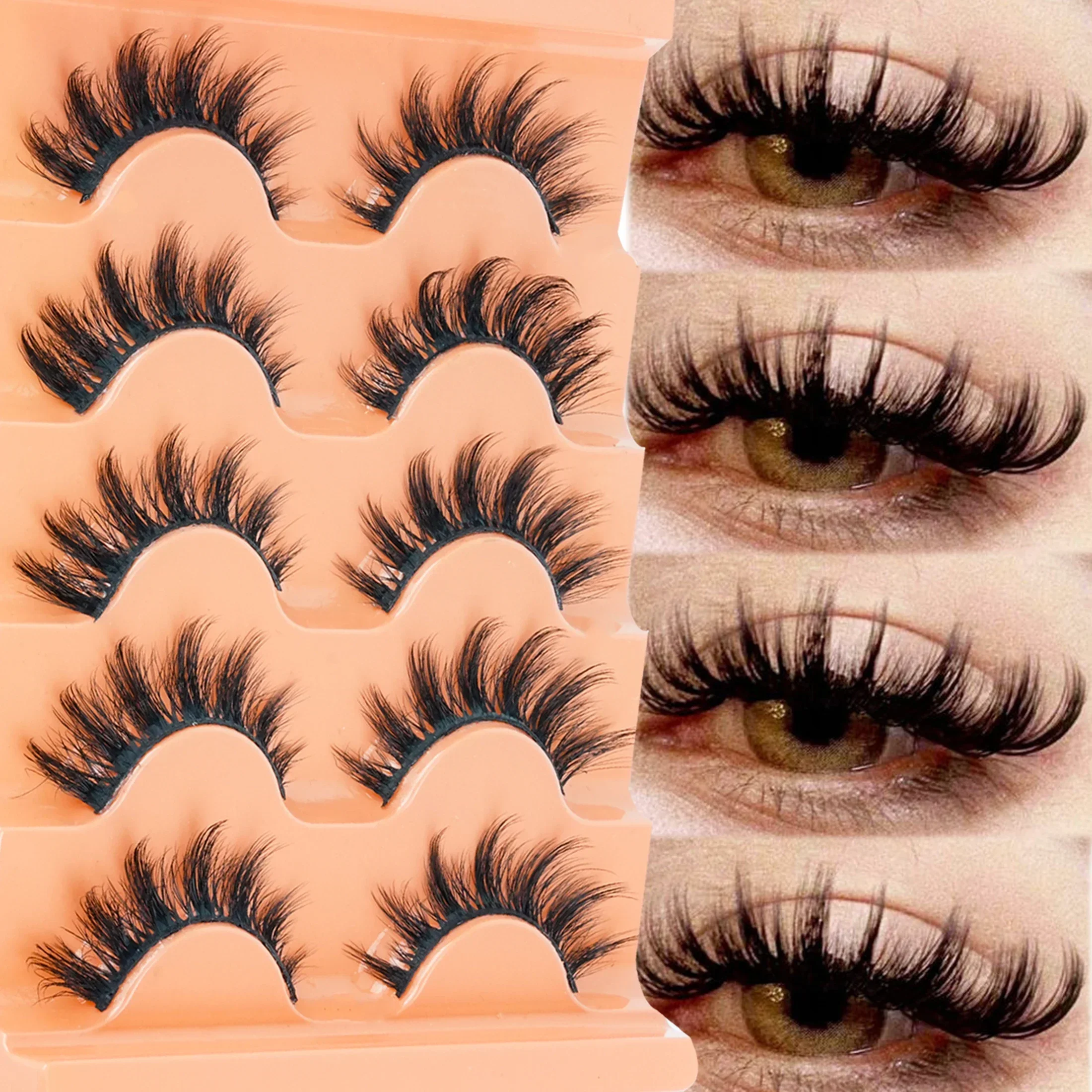 5 Pairs Cat Eye 8D Russian Volume Strip Lashes Fluffy Faux Mink Wispy Long CurlyReusable False Eyelashes For Women Beauty Makeup