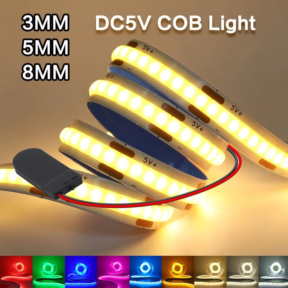 5V COB LED Strip Light 320LEDs/M Battery Powered Flexible Diode Tape Room Decor 3MM 5MM 8MM Linear Lighting DIY TV Backlight