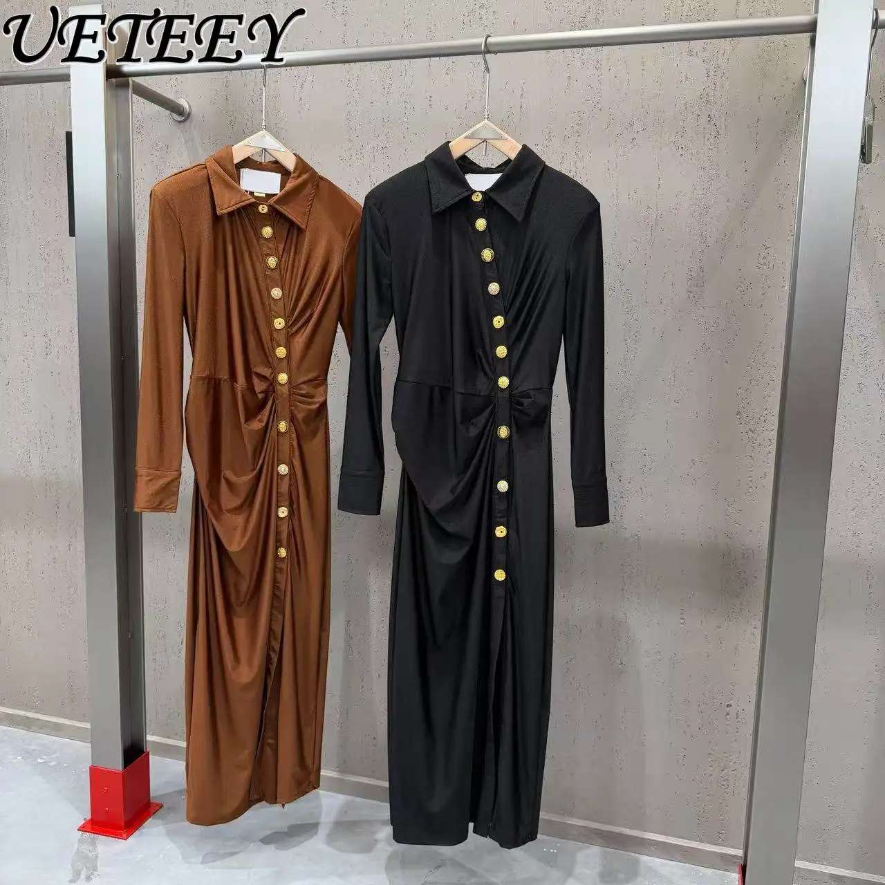 

2026 Spring New Shirt Collar Long Sleeve Diagonal Button Dress fashion Elegant Style Versatile Solid Color Maxi Dresses