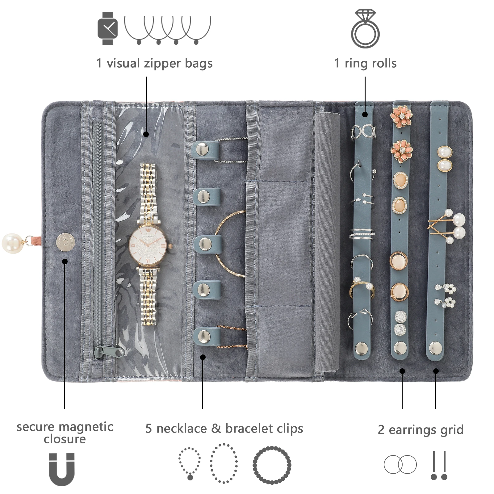 Portable Travel Jewelry Organizer – Compact Foldable Storage Case with Pearl Decoration for Rings, Necklaces & Accessories