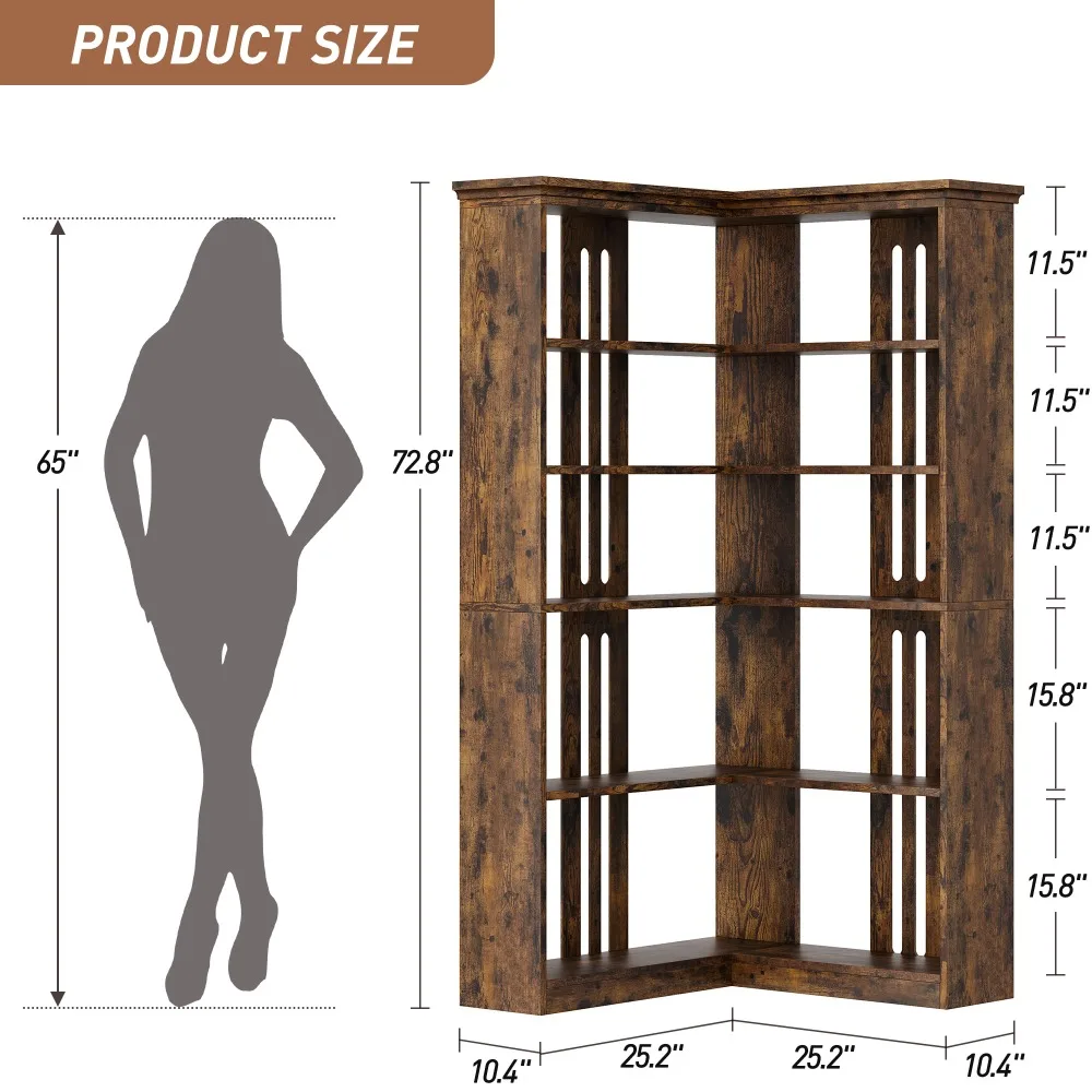 رف كتب مفتوح للمزرعة مقاس 72.8 بوصة، خزانة كتب زاوية مكونة من 5 طبقات من الخشب على شكل حرف L #4