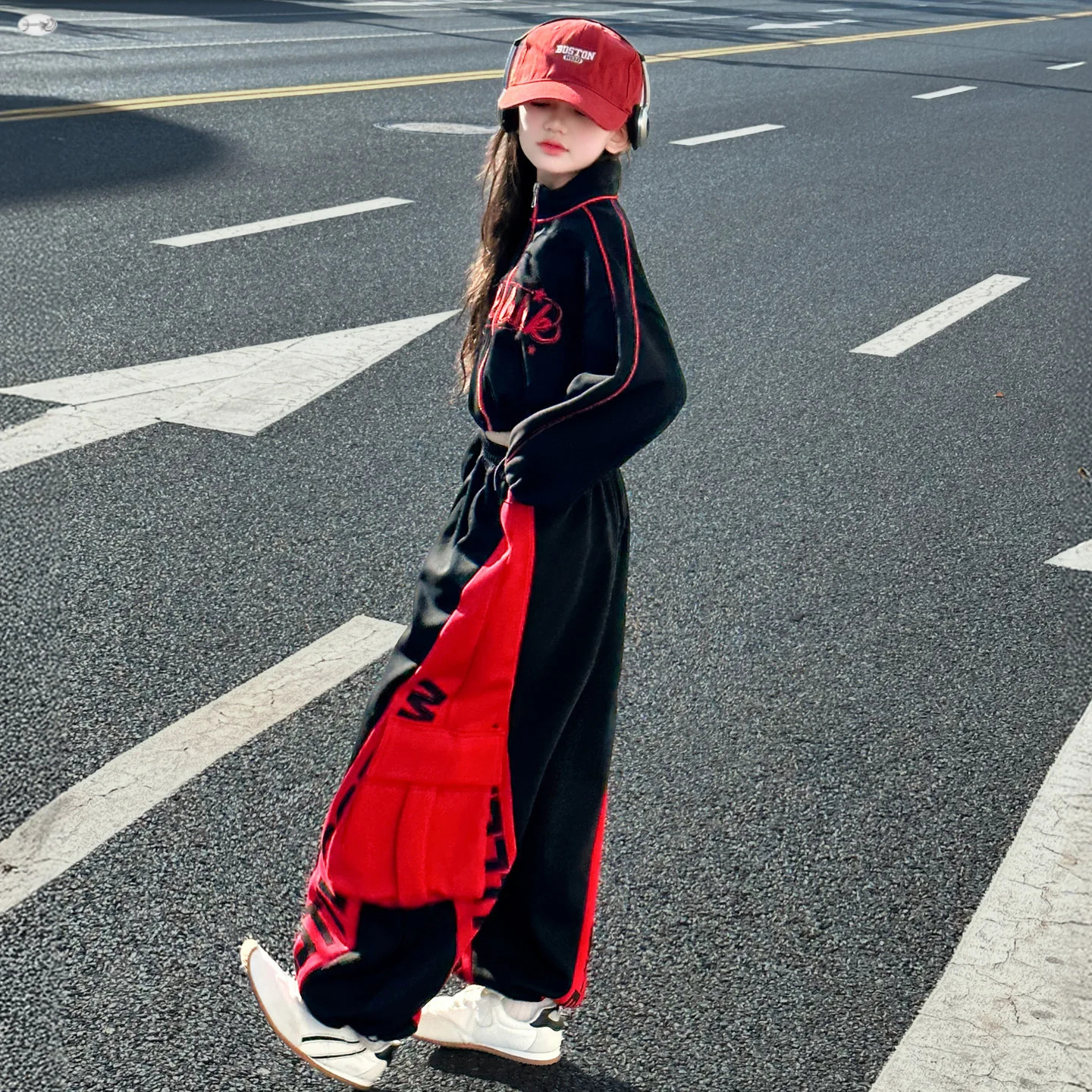 Girls Clothes Autumn Teen Children Letter Color Matching Tracksuit Fashion Short Coat and Wide Leg Pants 2PCS Street Kids Sets