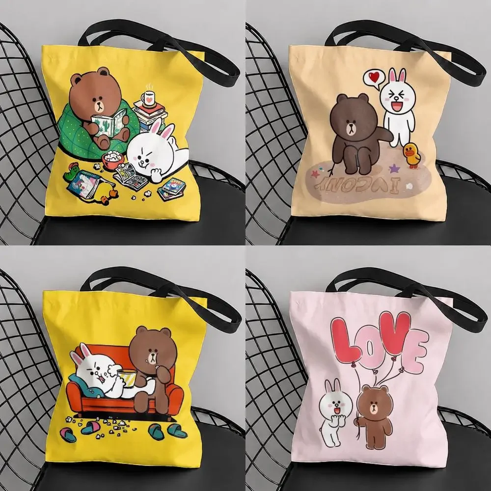 B-Brown Bear C-Cony Storage Bags Canvas Tote Bag Double-Sided Print Fashion Shoulder Shopping Bag Gift Handbags