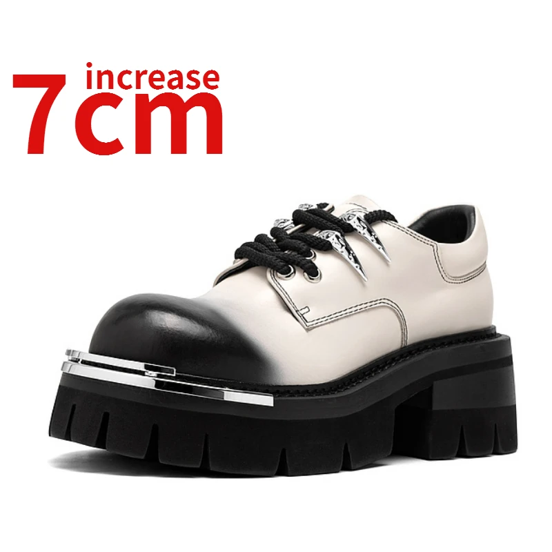 

Genuine Leather Hand sewn Retro Metal Design Thick Soled Shoes for Women Increase 7cm British New Casual Height Increasing Shoes