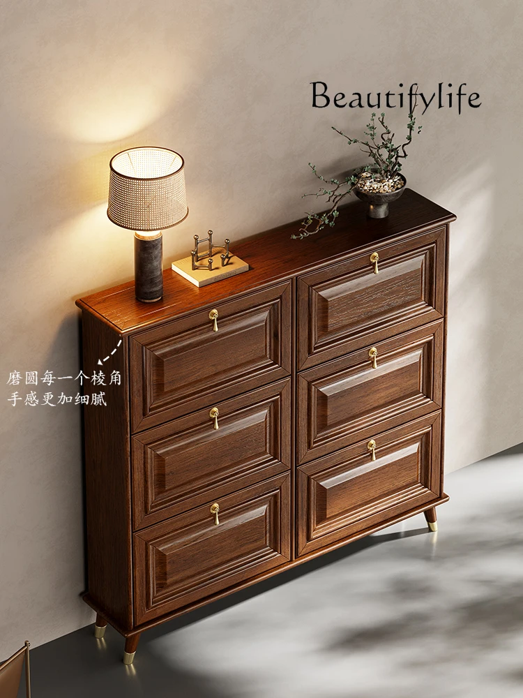 Nordic New Chinese Style Solid Wood Tilting Shoe Cabinet Ultra-Thin Simple