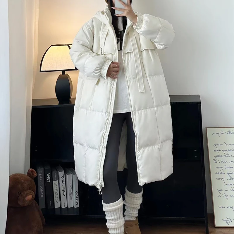 Women Winter Thicken Hooded Down Coat Casual Long Sleeve Warm Zipper Pocket Long Coat Office Parkas Fall Down Jacket Overcoat