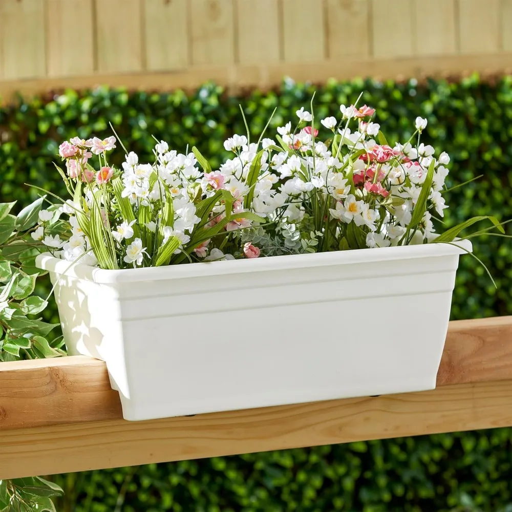 HC Companies 24 inches Deck Rail Box Planter with Easy Drainage Holes, Mounted Garden Flower Planter Boxes, White, Plastic, 4 Pa