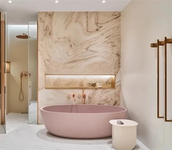 

Girl pink matte full body freestanding couple double hotel villa bathtub