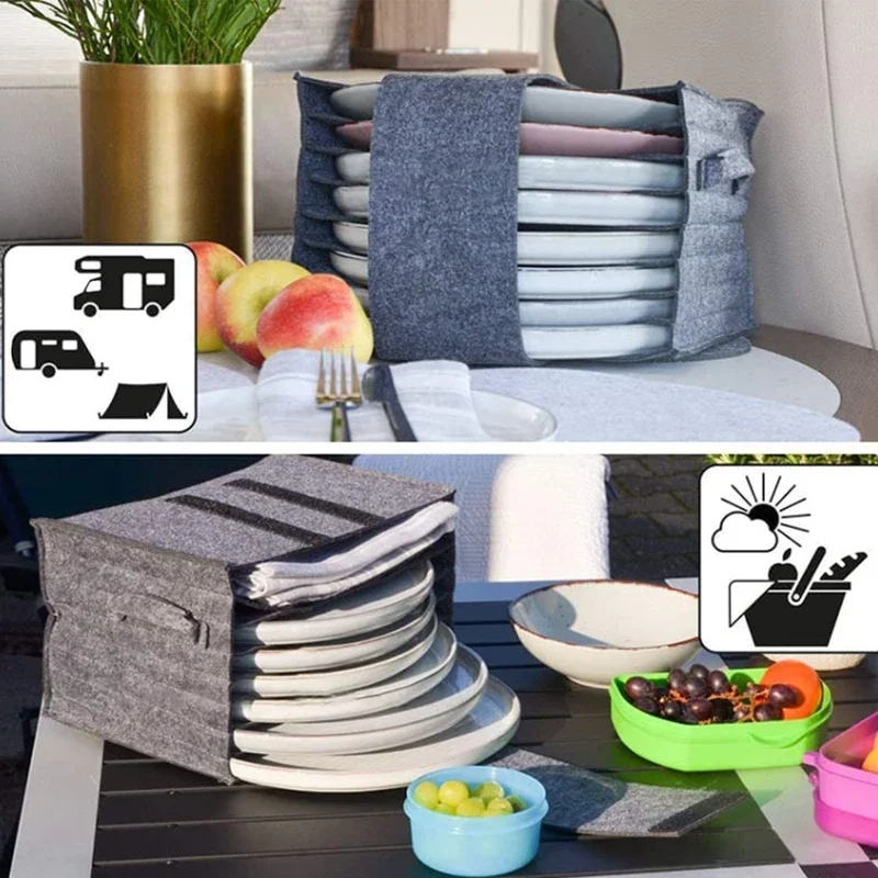 Felt Plate Dish Storage Holder Containers Bags with Handle for Camping Tableware Caravan Motorhome Kitchen Cupboard Organization