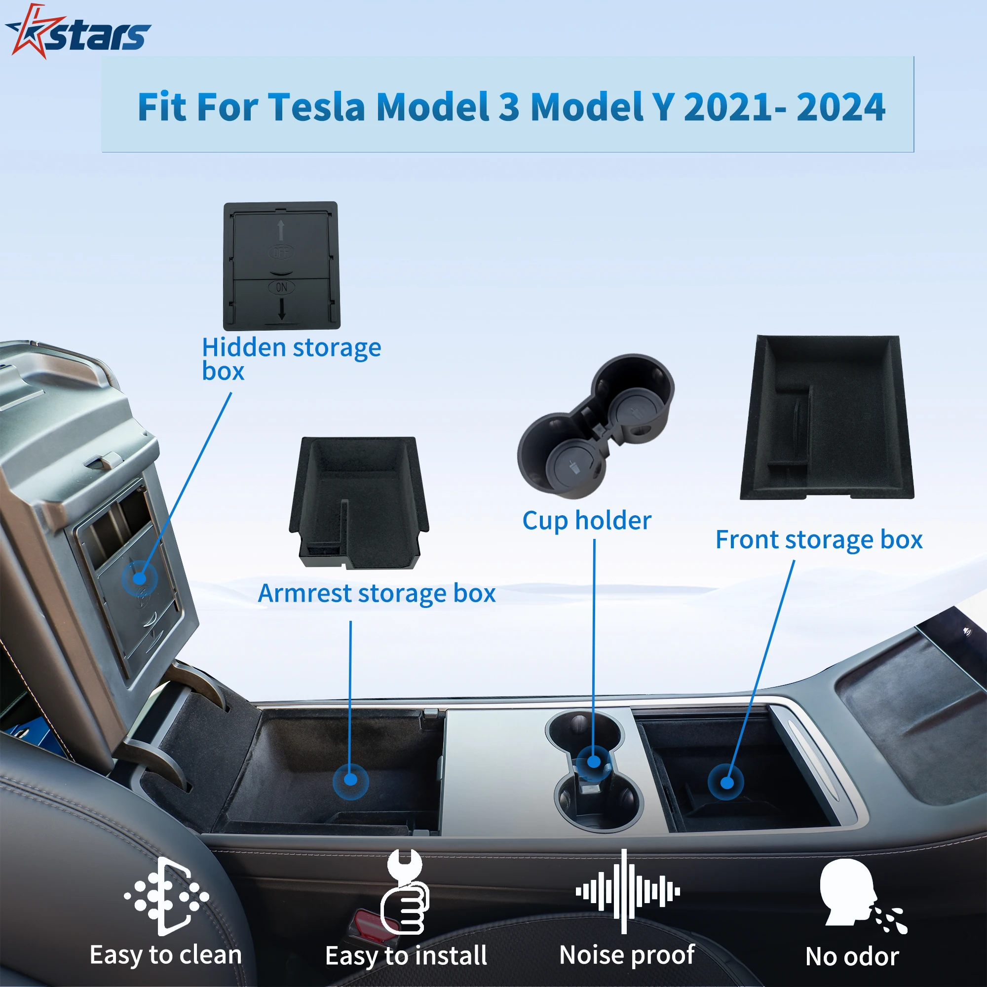 Center Console Organizer For Tesla Model Y 3 2021 2024 ABS Central Storage Armrest Cup Holder box trays Hidden Bins Car Interior