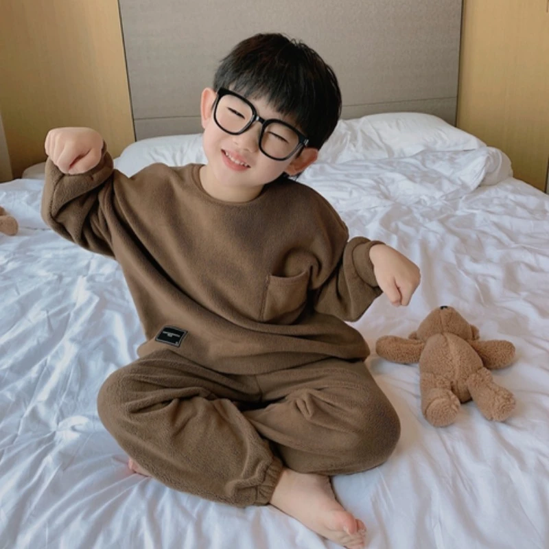 2025 Autumn Winter Boys' Loose Fit Dual Layer Thermal Home Wear Set Warm German Acrylic Lounge Pajamas for Tween Boys