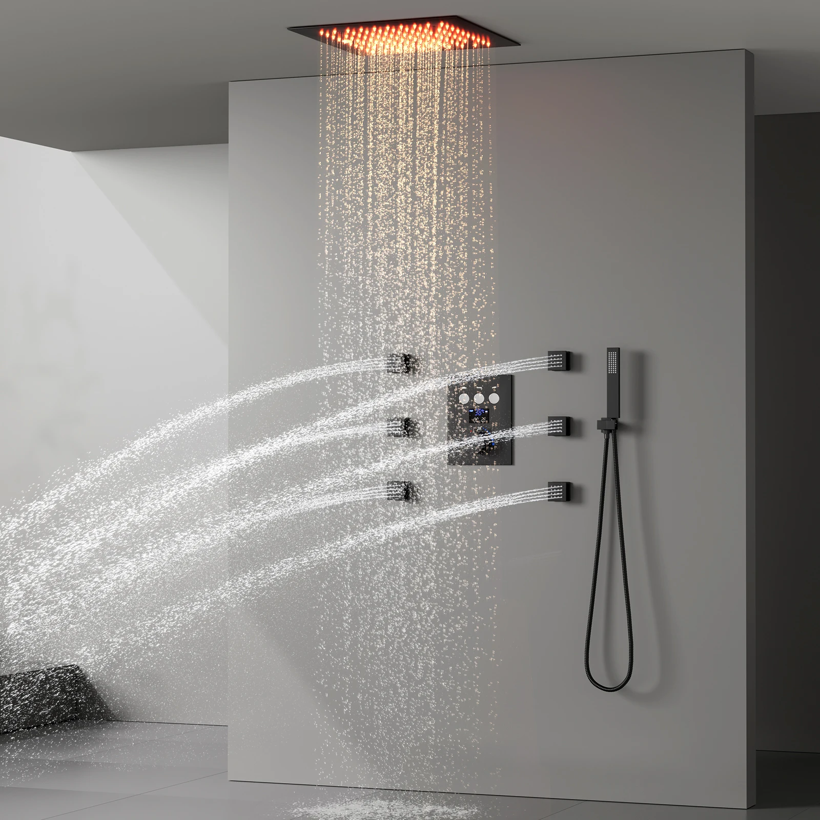 Thermostat 64 LED Color Rain Shower System 3 Function Buttons Digital Display Shower Valves Faucet Set