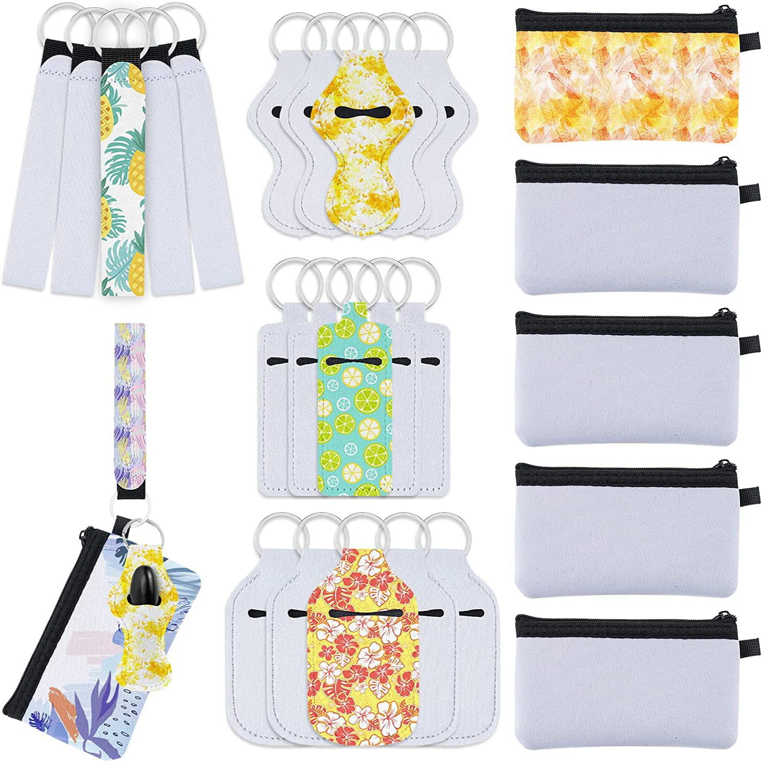 25Pcs/Set Sublimation Blanks Wristlet Keychain Set Lipstick Holder Keychain Makeup Pouch Heat Transfer Travel Bottles Keychain