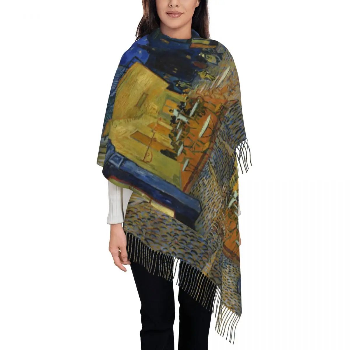 Van Gogh Art Cafe Terrace Scarf for Women Warm Winter Pashmina Shawl Wrap Painting French art Long Shawl Scarf Lightweight