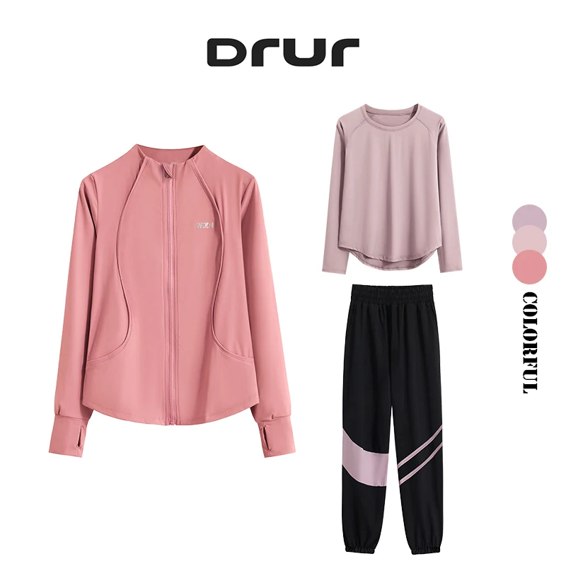 DRUR Women's Sportswear 3 Pieces Sweatsuit Set Sportswear Outfit Long Sleeve Gym Tops Pants Sets Workout Suit Jogging Clothes