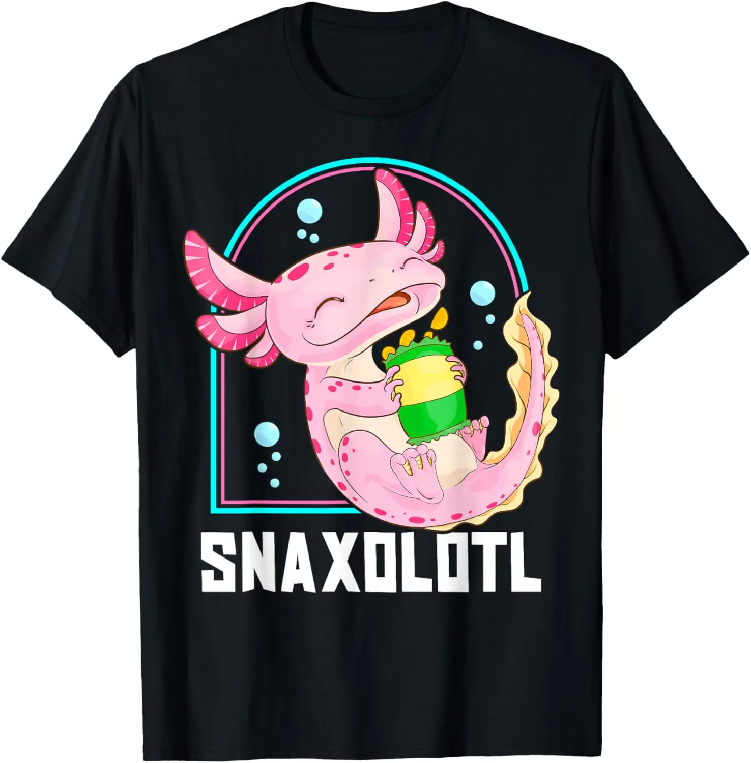 

Snaxolotl Kawaii Axolotl Eating Snacks Graphic Tee Soft Cotton Casual Round Neck T-Shirt