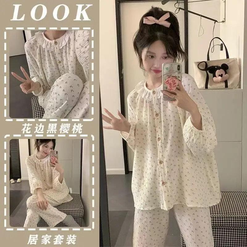Conjunto de Pijama de Dos Piezas para Mujer, Primavera-Otoño, con Cuello de Encaje, Manga Larga, Ropa de Dormir Suave para Chicas y Damas, Ropa de Casa Informal y Relajada para Adolescentes