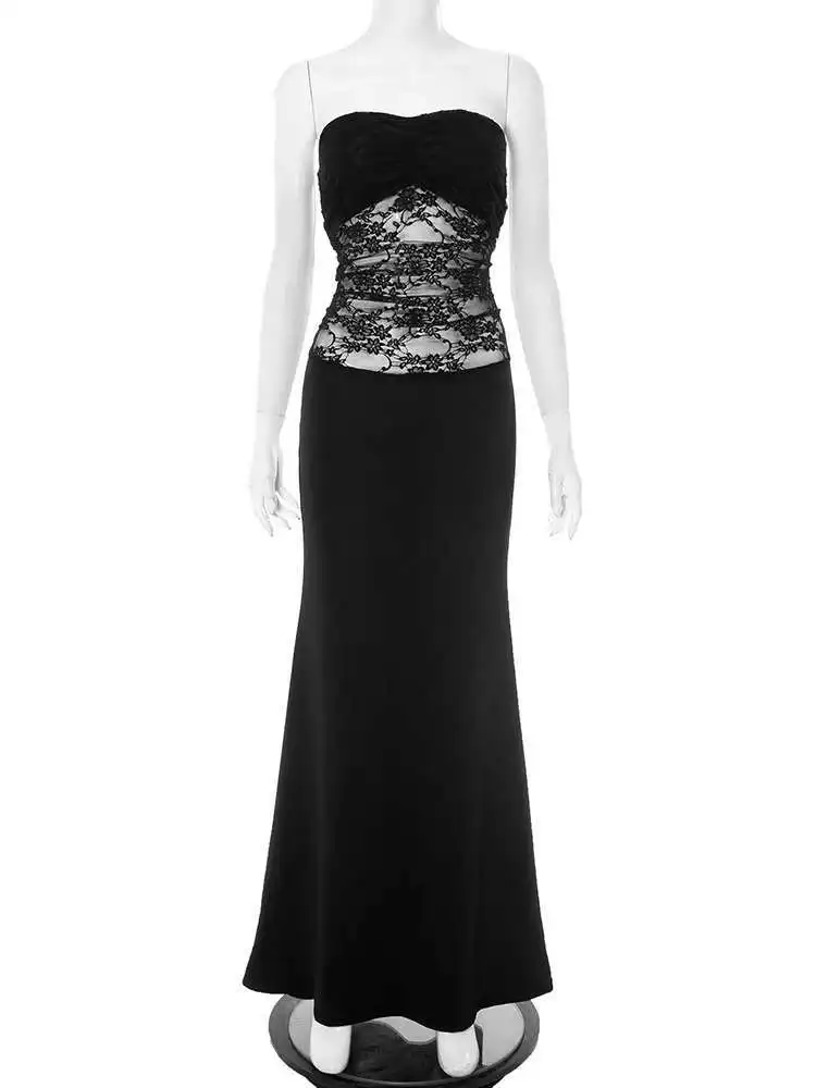 JULISSA MO Patchwork เซ็กซี่ Sheer Lace ผู้หญิงชุดนางเงือกสีดํา Backless Maxi ชุดฤดูร้อน Slim Elegant Party Clubwear