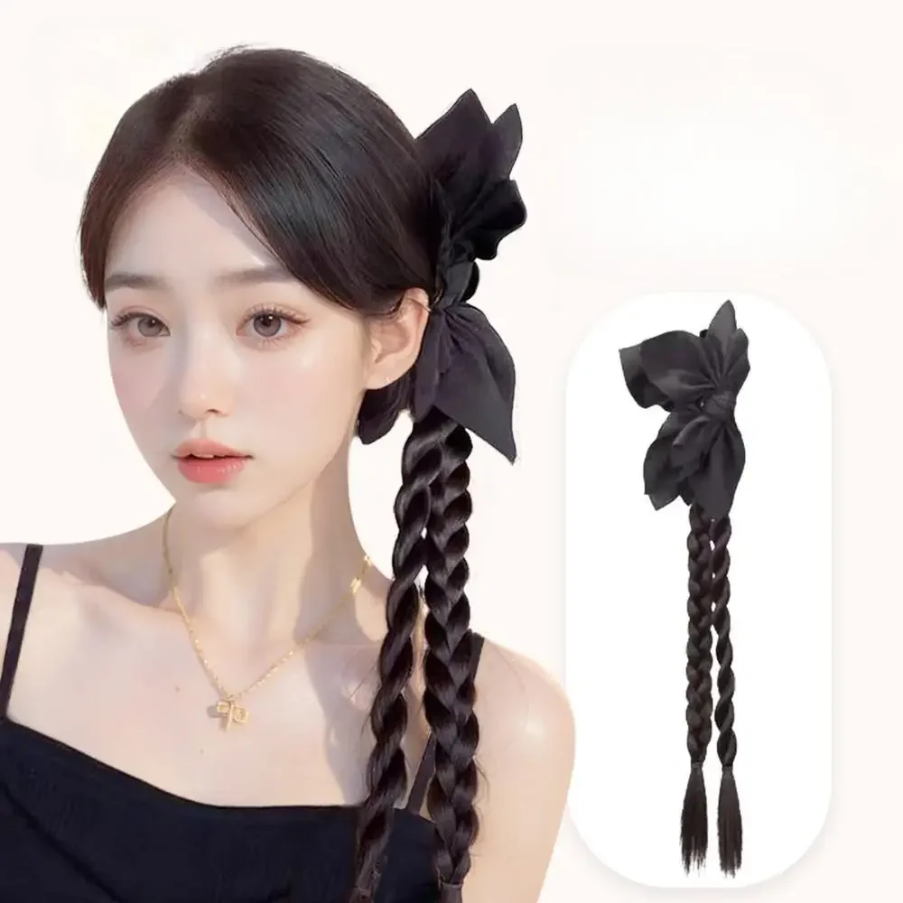 Women Black Bowknot Clip Twisted synthetic Braid Wig Natural Simulation Boxing Ponytail Hair Extension