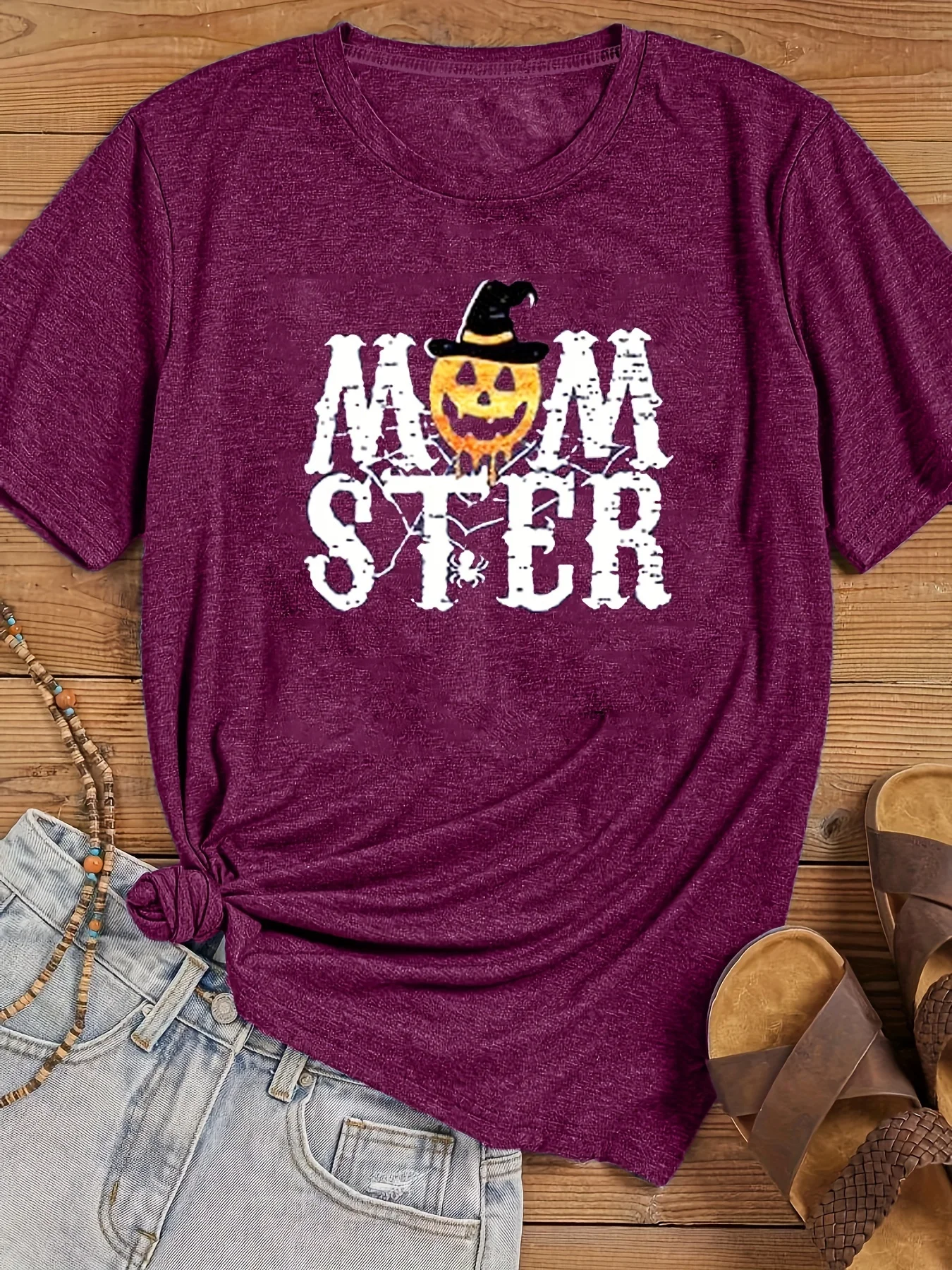 Plus Size fioletowo-czerwony t-shirt Halloween dyniowa głowa dziękczynienia damski letni casualowy luźny Top plus rozmiar plus rozmiar tkaniny