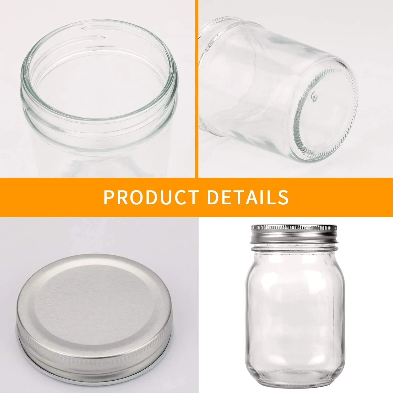 450ML Regular-Mouth Glass Mason Jars with Metal Airtight Lids and Bands for Canning, Preserving, & Meal Prep