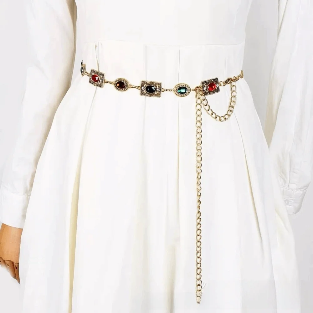 

Kawaii Colorful Women Waist Chain Metal Silver Rhinestone Belly Belts Chain Gold Y2K Waistband Skirt Accessories