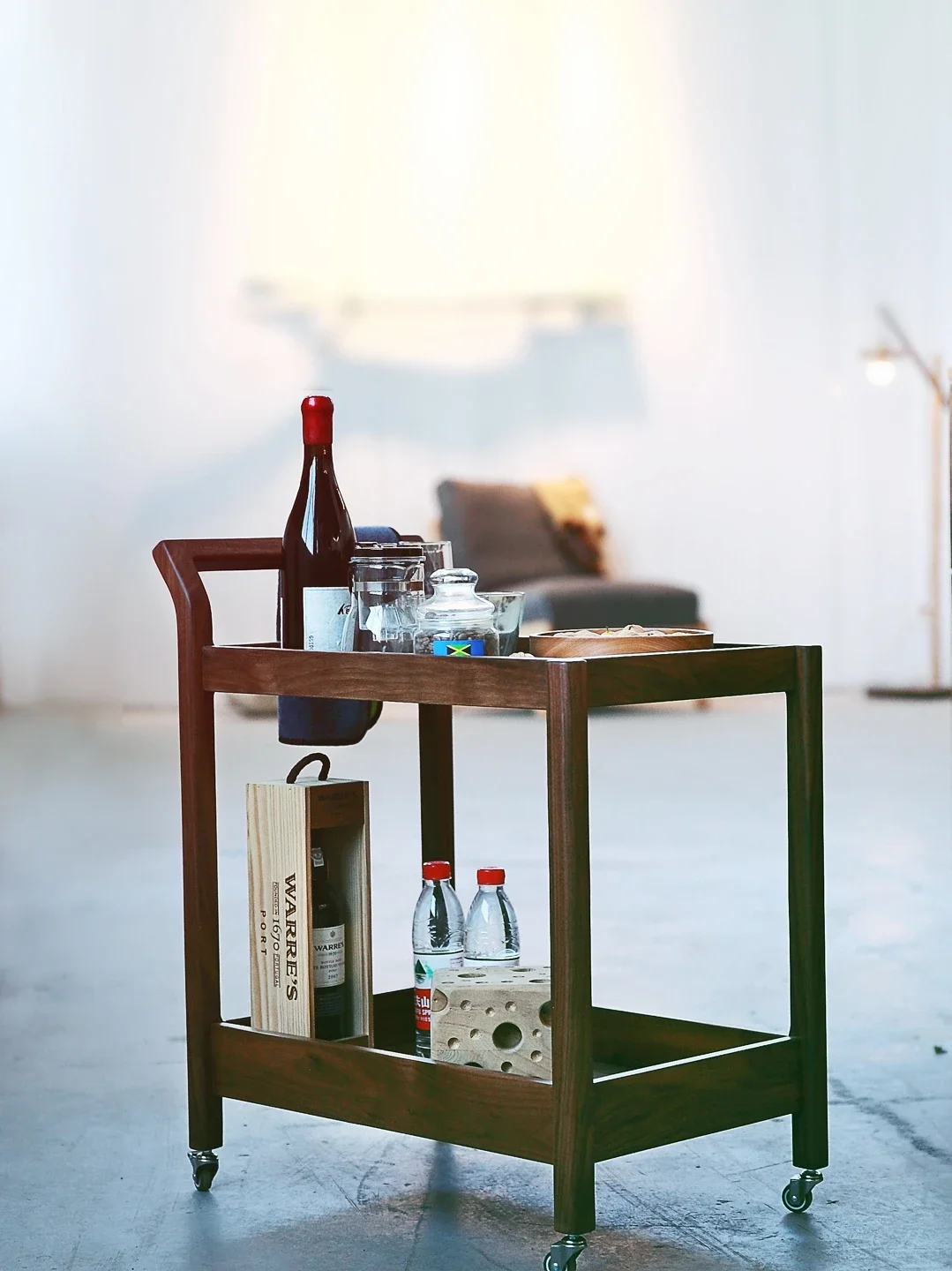 Cart side table, removable coffee table with wheels, black walnut storage rack