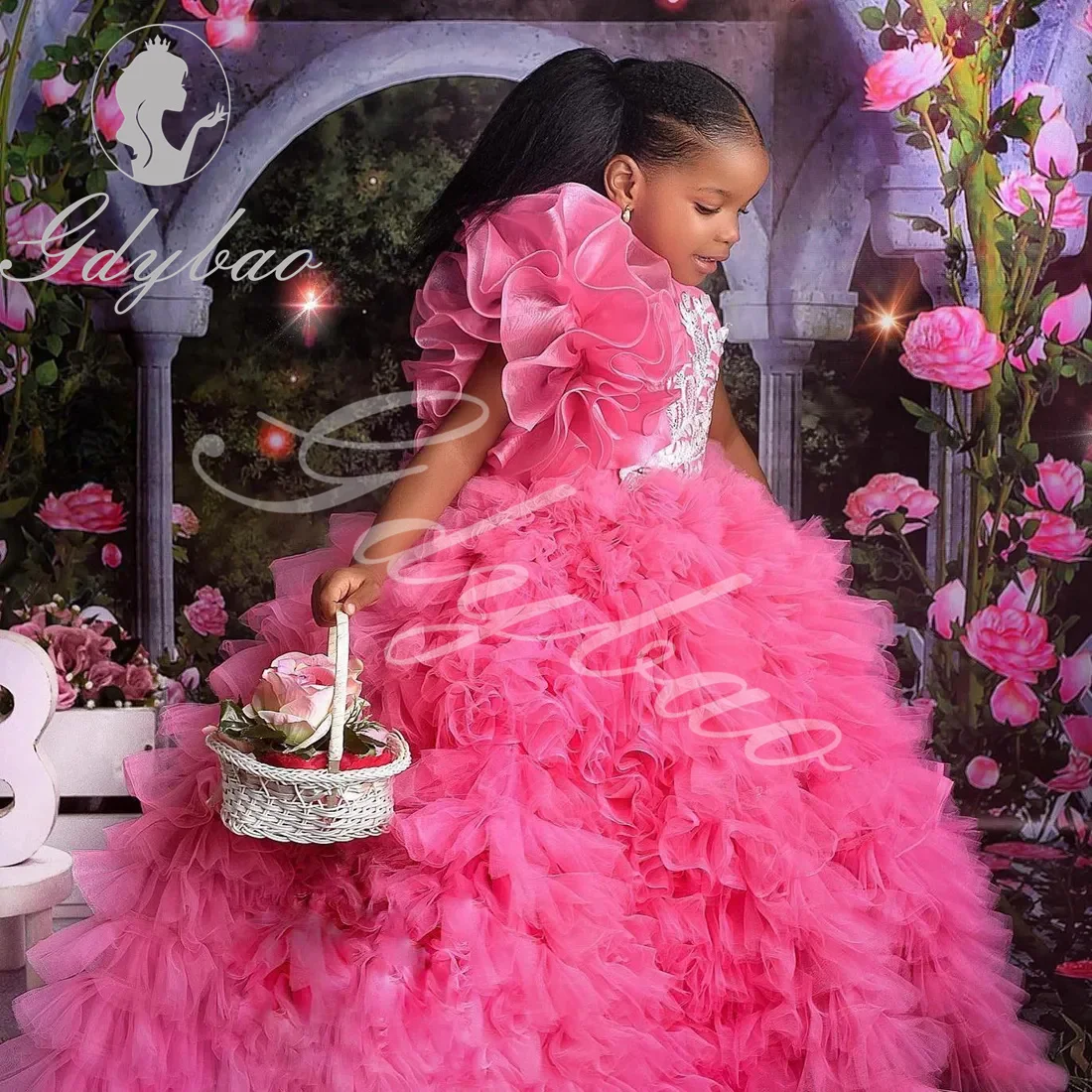 Pink Flower Girl Dress For Wedding Tulle Puffy Applique Sleeveless Princess Kids Birthday Party First Communion Ball Gowns