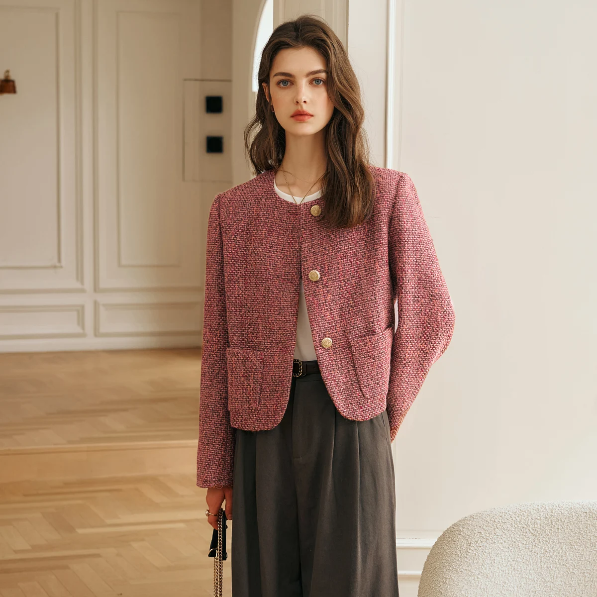 OLrain Women Tweed Short Jacket Luxury Loose Wool 2026 Fall Elegant Full Sleeve Patchwork Jackets Ladies Soft Coat O57QW95860 view 4