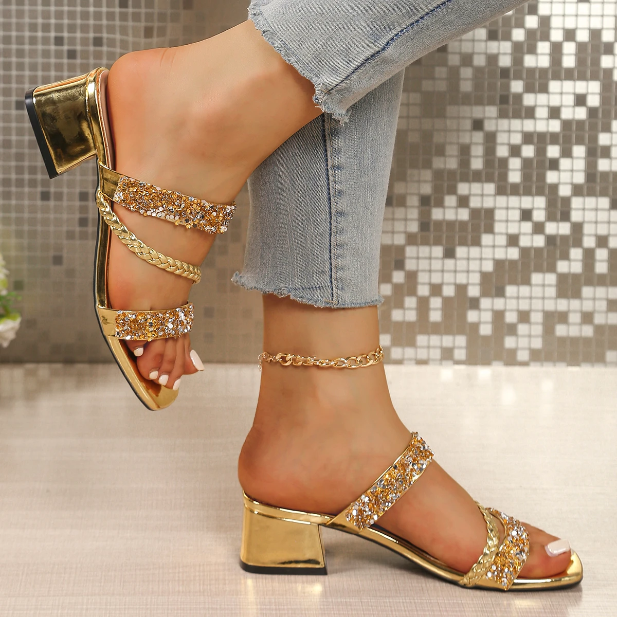 Women's Slip On Gold Glitter Sandals Summer 2026 Comfortable Thick Heels Mules Shoes Woman Square Toe Shiny Straps Sandalias 42 view 3