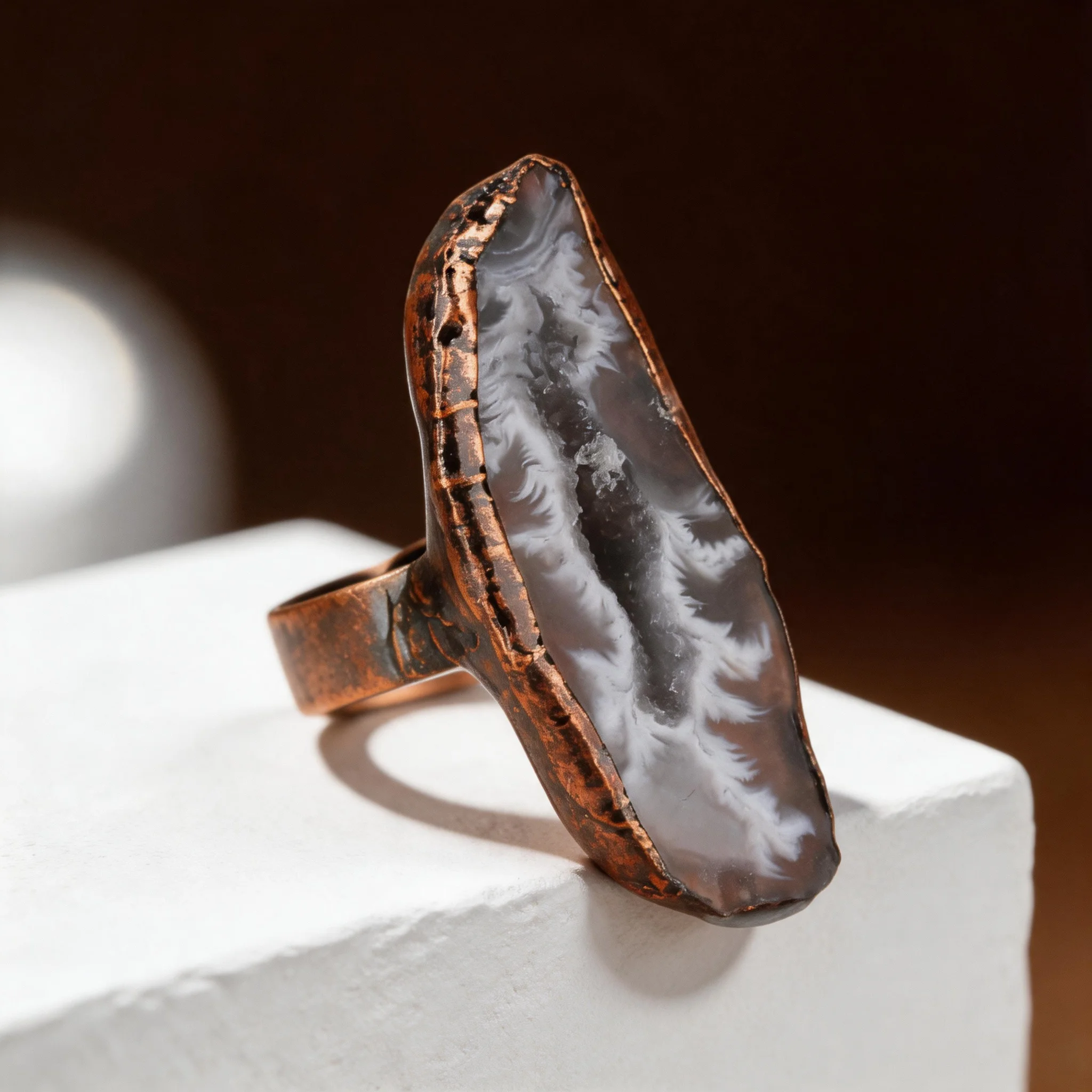 Adjustable Free Size Ring | Irregular Natural Agate Geode Druzy Slice | Handmade Soldering Antique Bronze Plated Copper Prong