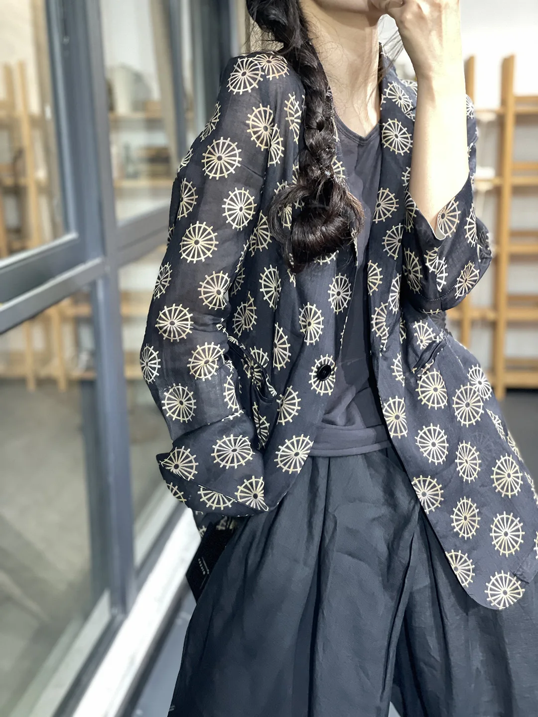 Retro katoenen linnen pak Jaet Dames Zomer Los Casual Lichtgewicht Zonbescherming Top Eén knop Lange Sve Normale lengte