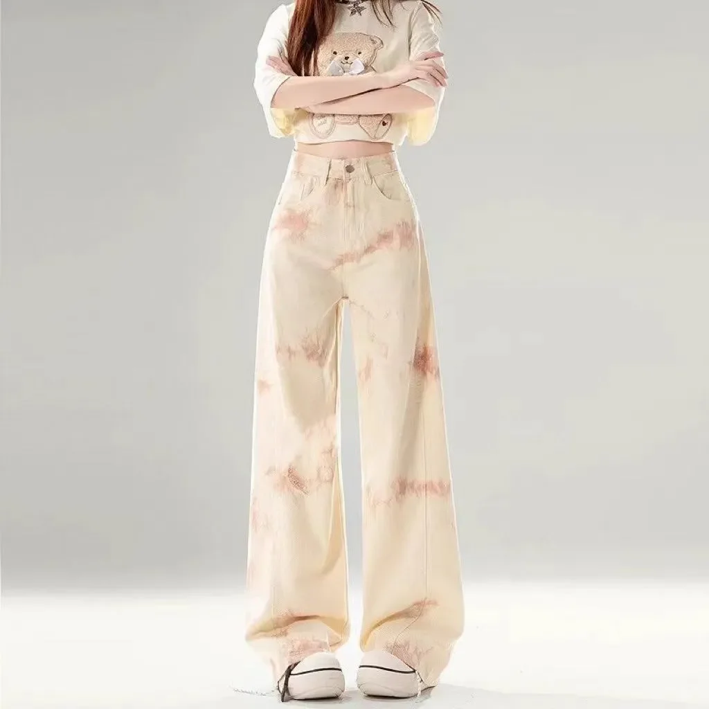 Women's Vintage High Waist Wide-Legged Mop Pants Tie-Dye Printed Summer Chic Loose Fit Street Jeans