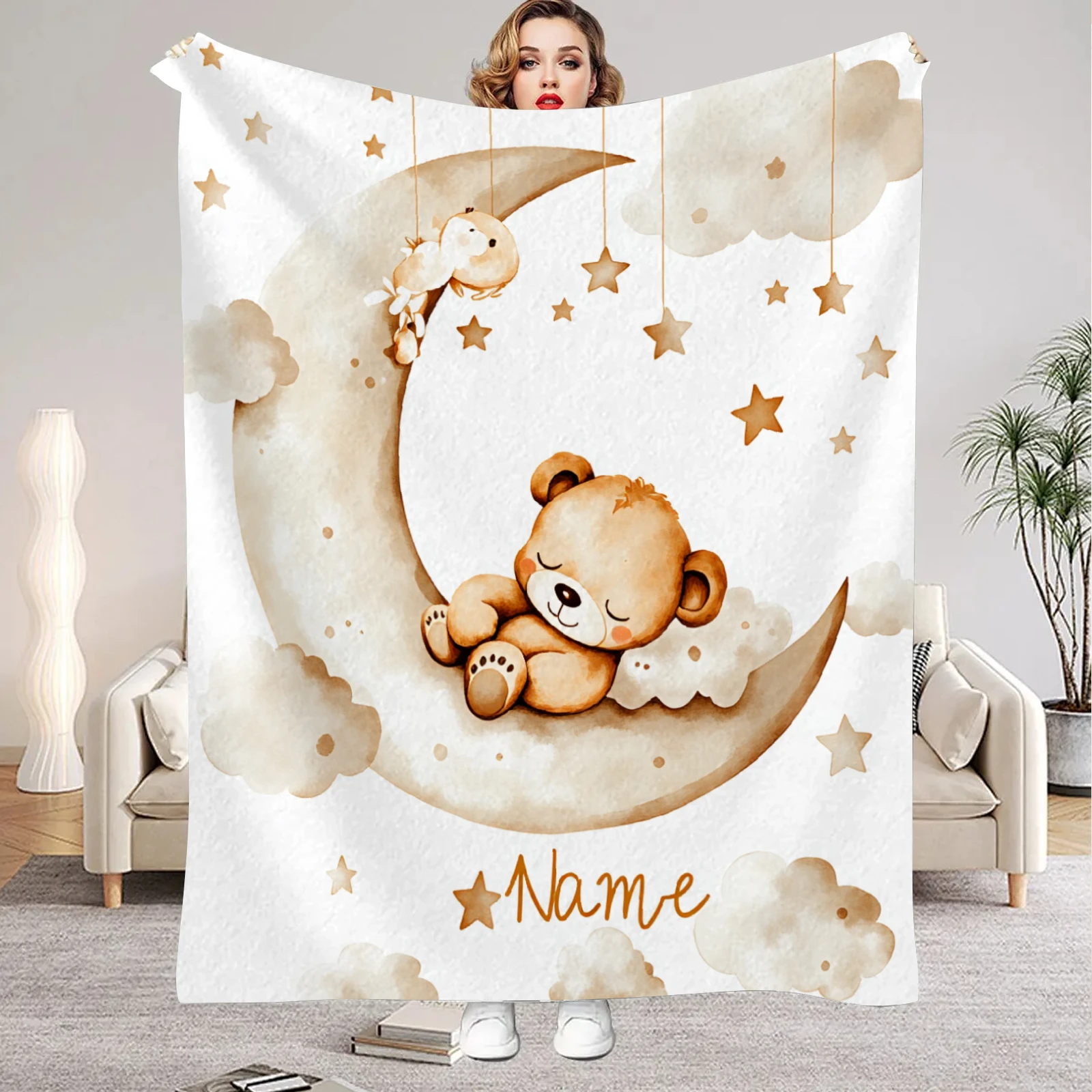 Cartoon-Bär auf Mond-Decke mit Namen, personalisierte Flanelldecke für Kinder, Jungen, Mädchen, weiches Geburtstagsgeschenk, Heim-, Bett- und Sofadekoration
