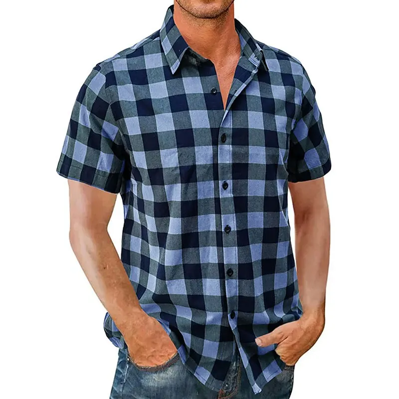 Men\'s Summer Shirts Casual Loose Short Sleeves Plaid Lapel Street Resort Wear Fashionable Comfort Soft Design Hawaiian Tops