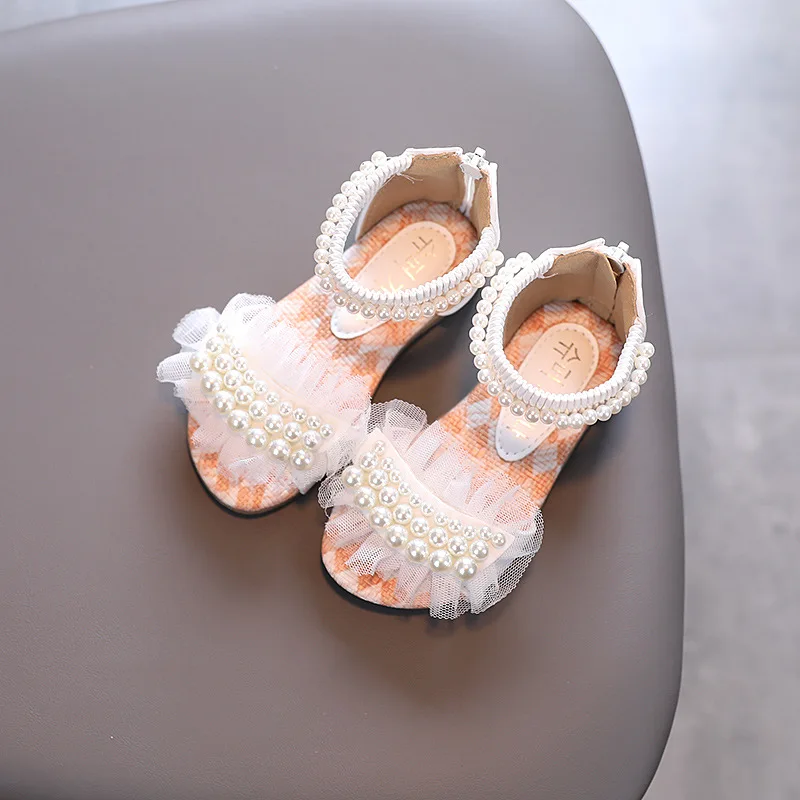 Girls Sandals Summer Fashion Pearl Lace Princess Shoes Flat Heels Kids Beach Sandals Baby Girl Shoes