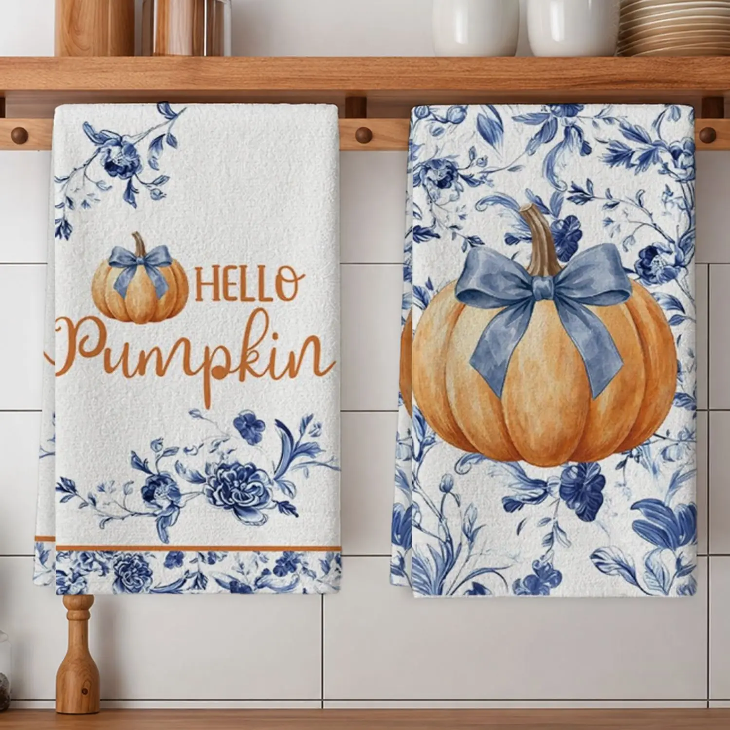2-Piece Set, Hello Pumpkin Blue Floral Kitchen Towel - Super Absorbent Microfiber Reusable Dishcloth