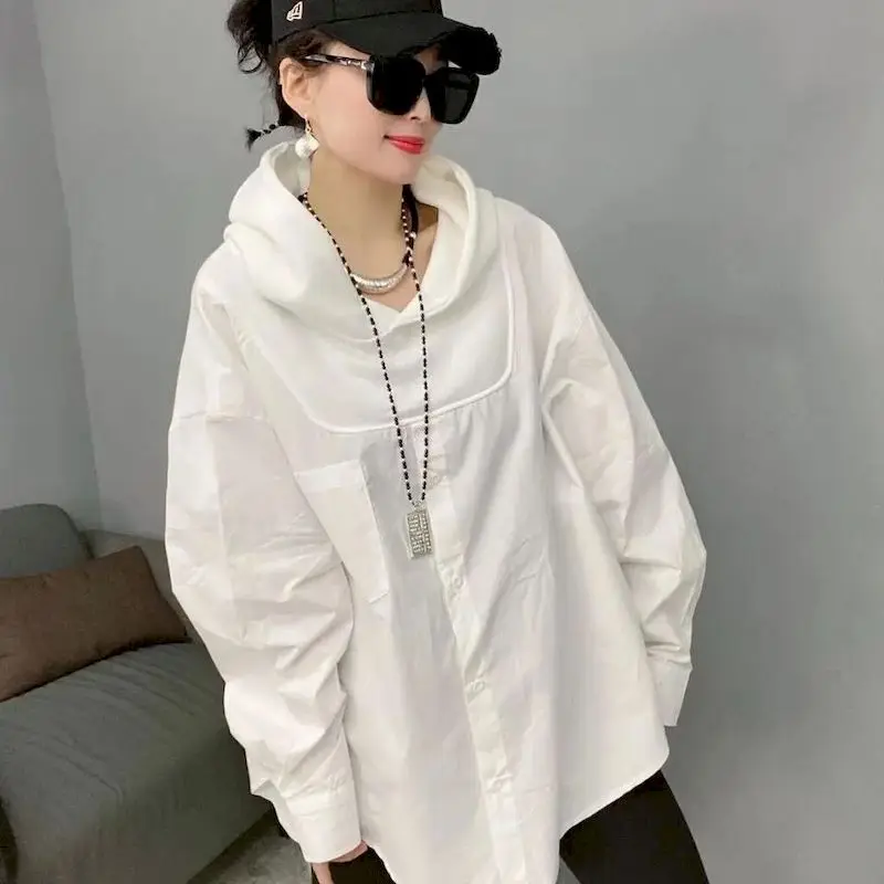 Fashion Hoodies Women Spring Autumn Trendy Hooded Button Stitching Pullover Shirt Casual Design Loose Hoodie Womens Thin Tops