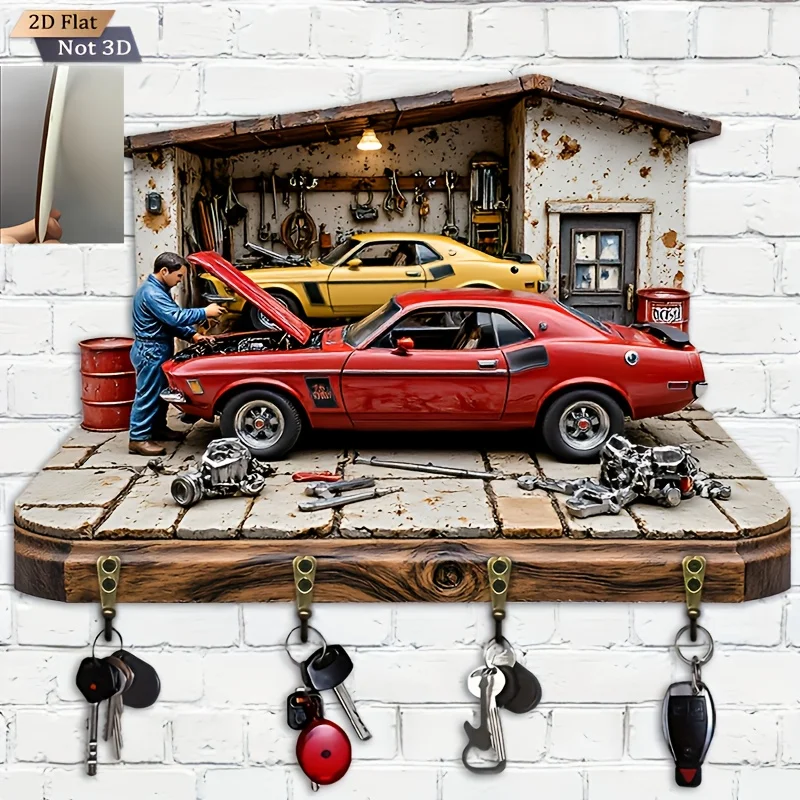 Automobile Repair Theme 2D Wooden Key Rack Multi-functional Metal Hook Wall Decora Organizer for Home Room Moving Creative Gift