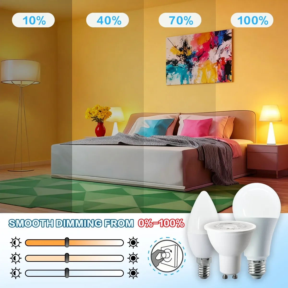 8개 E14 E27 GU10 LED 디밍 가능 전구 0-100% 디밍 3가지 색상 3000K 4000K 6000K 깜빡임 없는 조명 베이오넷 라이트 램프