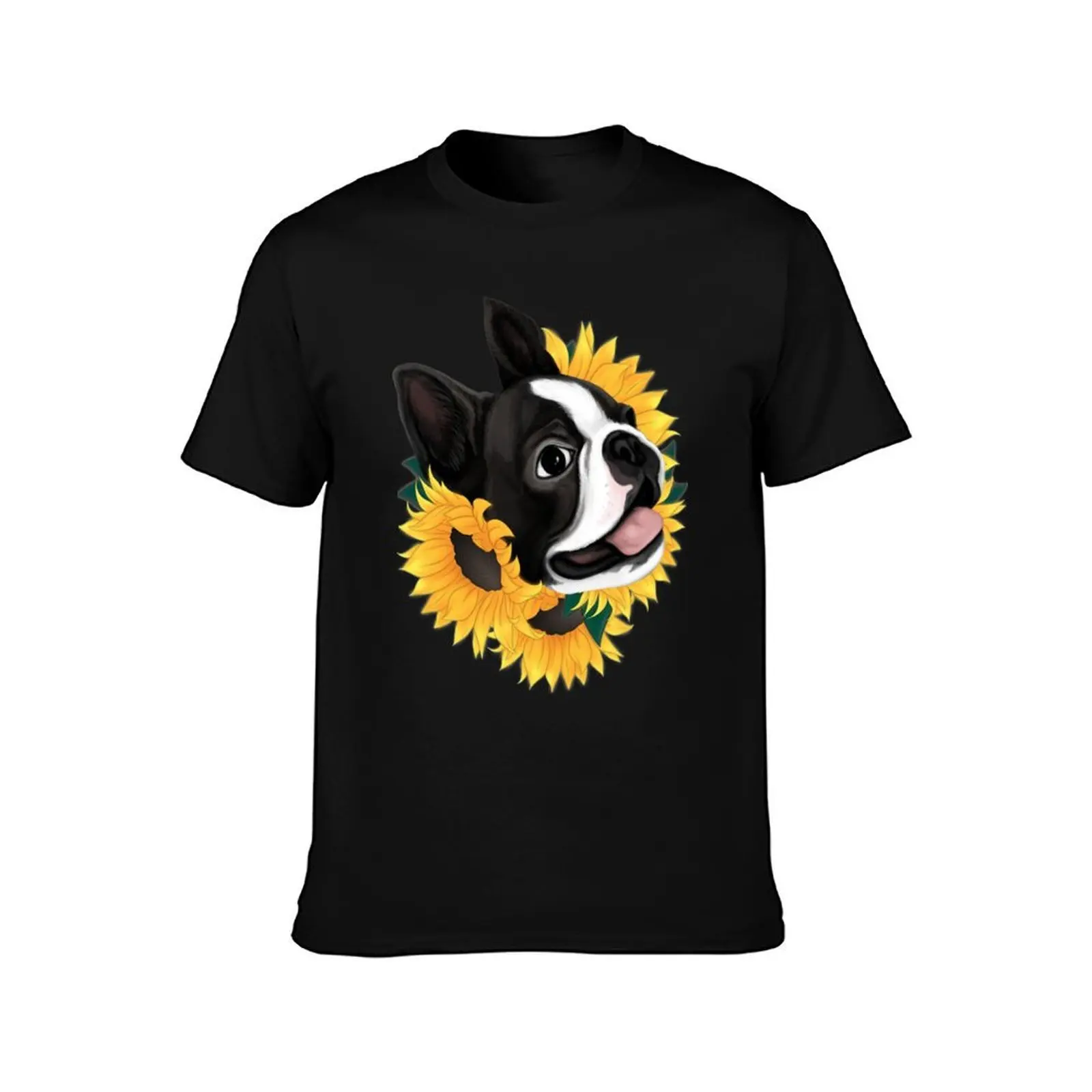 Boston Terrier Sunflower T-Shirt, Summer Casual Cotton Tee, Oversized Streetwear Tops, Vintage Graphic Print, Unisex Men Women