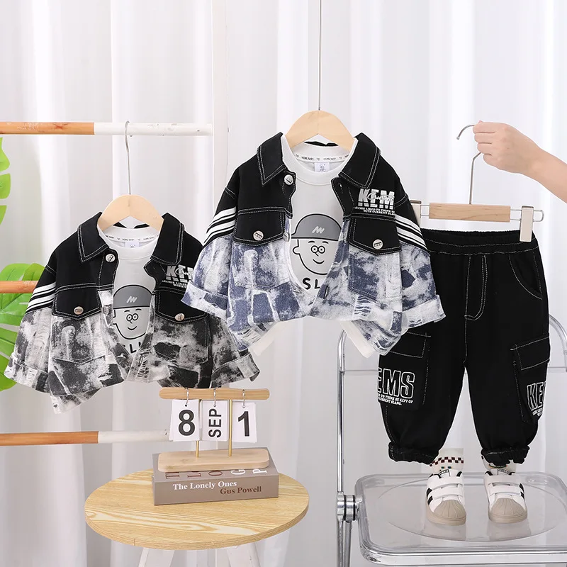 

‌2025 Autumn Boys Cargo Set 3-Piece Outfit Denim Jacket + Pants + T-shirt Korean Style Toddler Casual Streetwear Clothes