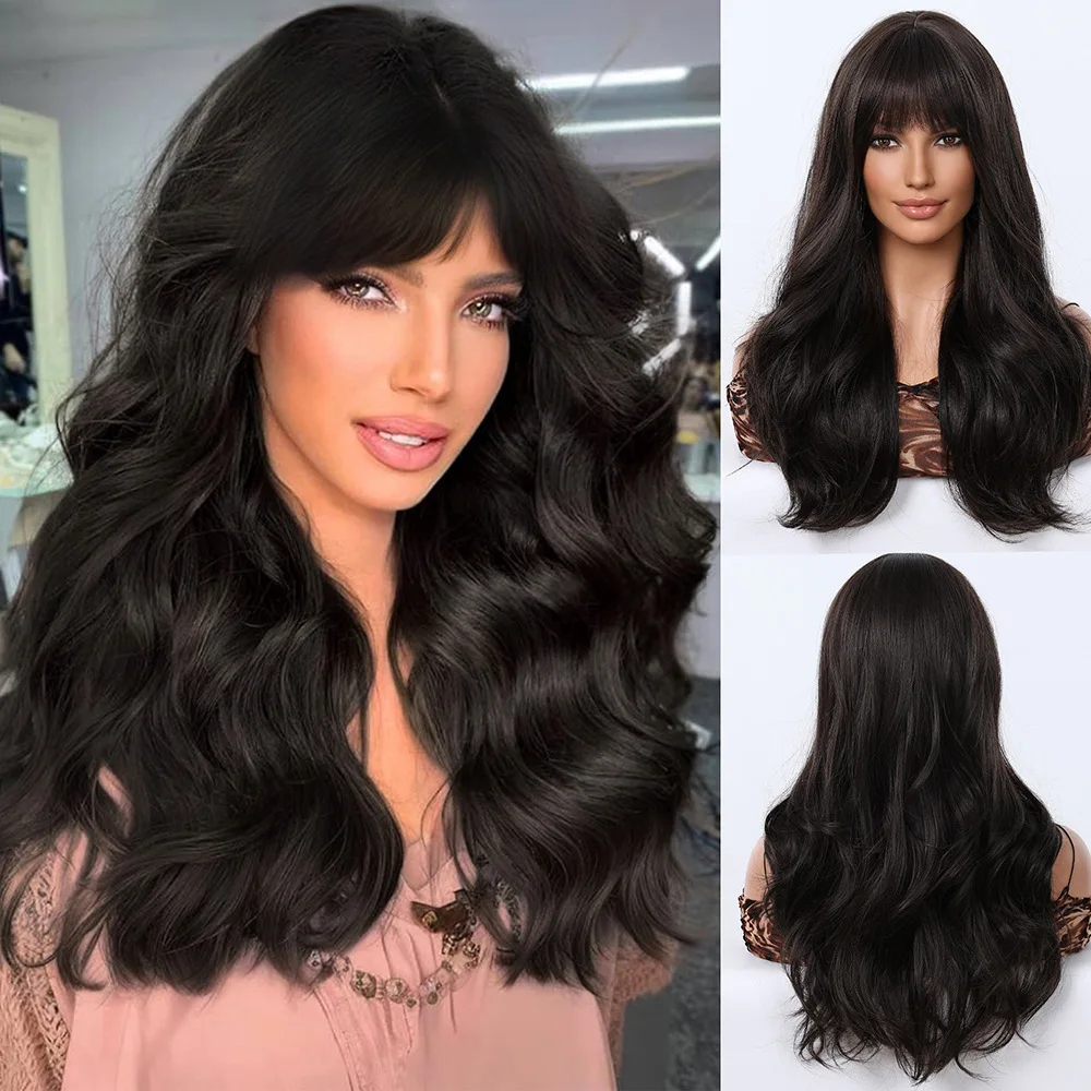 

Wig 26inch Women's Long Curly Hair Black Brown Long Curly Hair Big Waves Qi Bangs Whole Wig