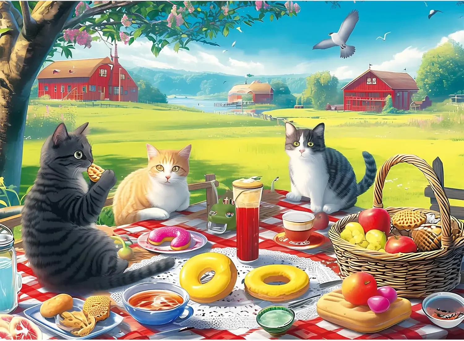 

Cat Picnic Landscape Puzzles Wooden Jigsaw Puzzles 120/300/500/1000 Pieces Unique Educational Toys for Adults/Kids Gift