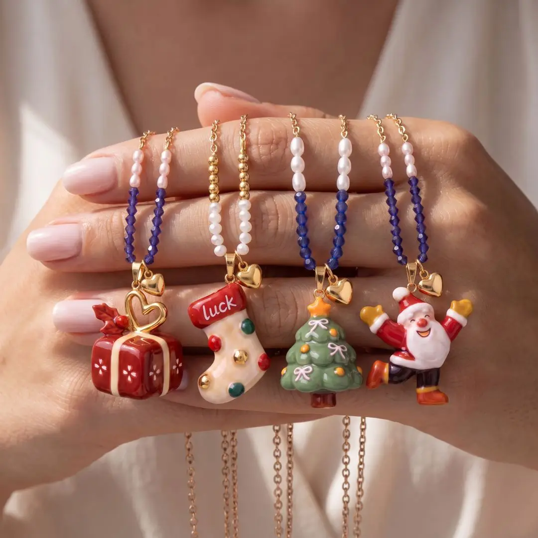 2026 New Christmas Pendant Necklace for Women Girls Santa Claus Gingerbread Man Socks Christmas Tree Necklace Holiday Gift