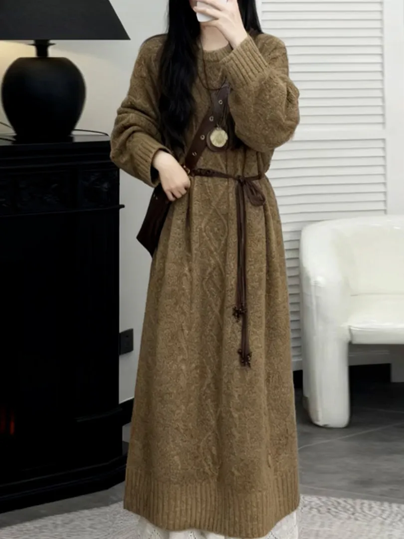 

Вязаное платье-свитер больших размеров для полных женщин, осенне-зимнее, повседневное, с завышенной талией, универсальное, А-силуэт, стройнящее