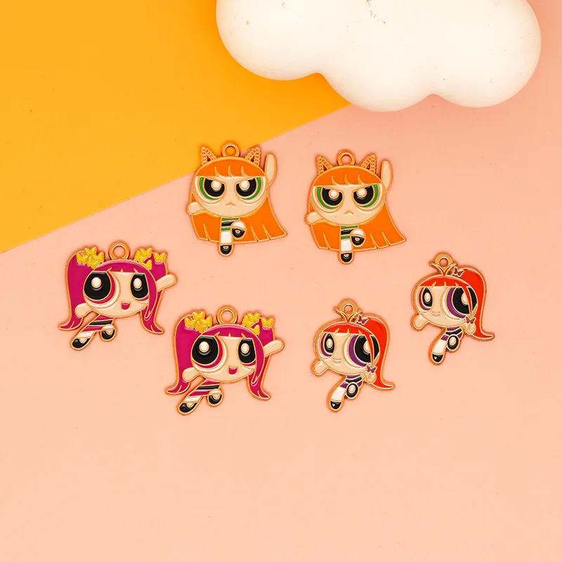 Porte-clés en métal Powerpuff Girls, pendentif à breloque bricolage, collier porte-clés fait main, accessoires de boucle d'oreille mignons, 10 pièces