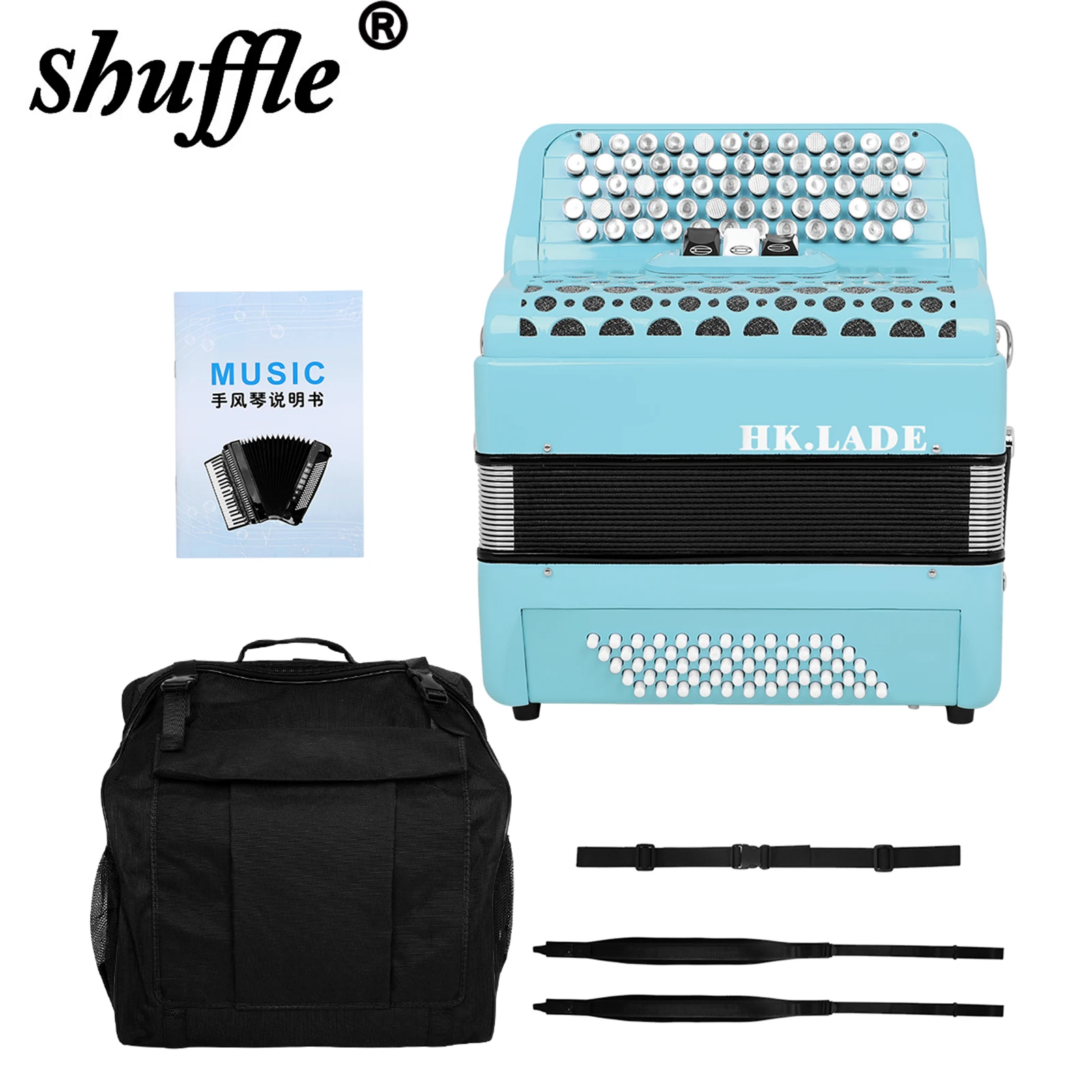 HK · LADE AH-300 Bayan Accordion 62 Keys 60 Bass 3 Tone Changing Blue Wooden Key Button Professional Accordion With Parts