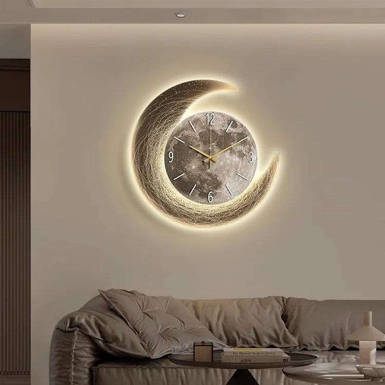 

LED luminous light, modern wall clock decoration painting, living room dining room, moon creative clock, silent wall light, cloc